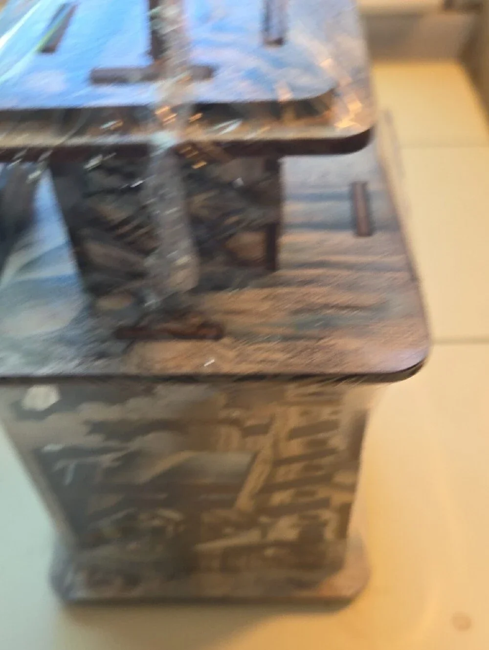 Wooden Decorative Lantern with Coastal Cutout Design - Brown and White